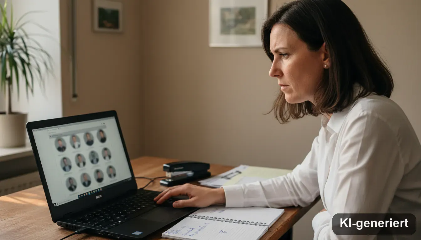 Recruiterin in deutschem KMU-Büro recherchiert konzentriert Talent-Profile auf ihrem Laptop