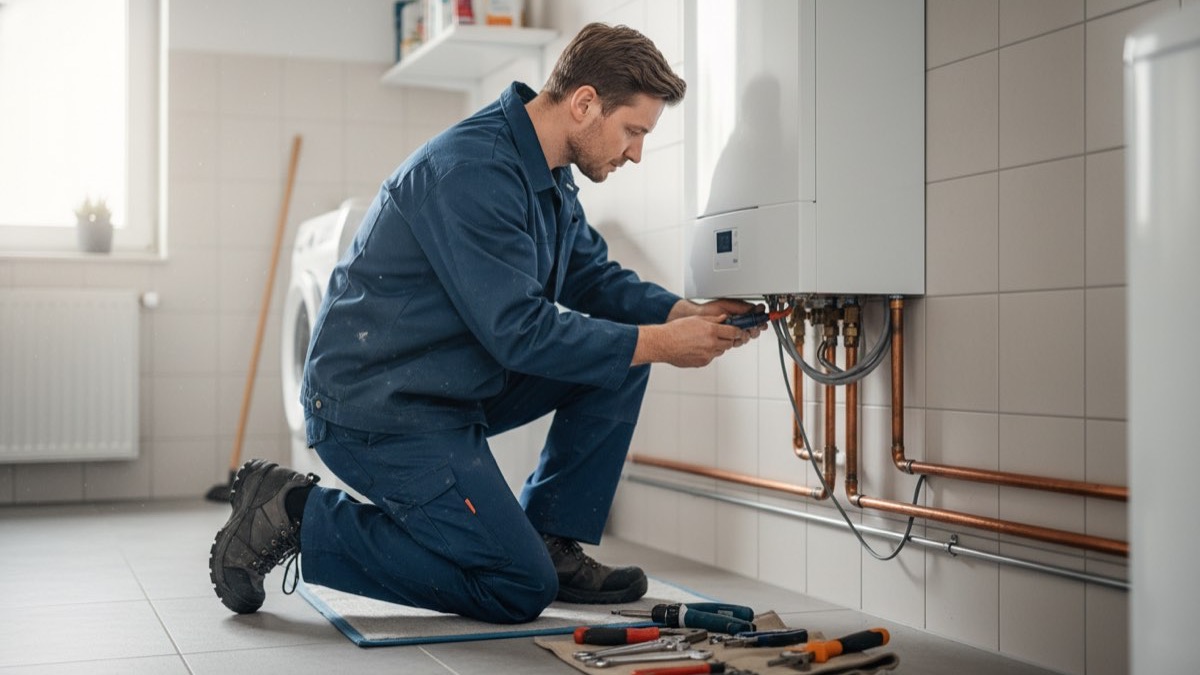 SHK-Handwerker installiert eine Heizungsanlage beim Kunden vor Ort