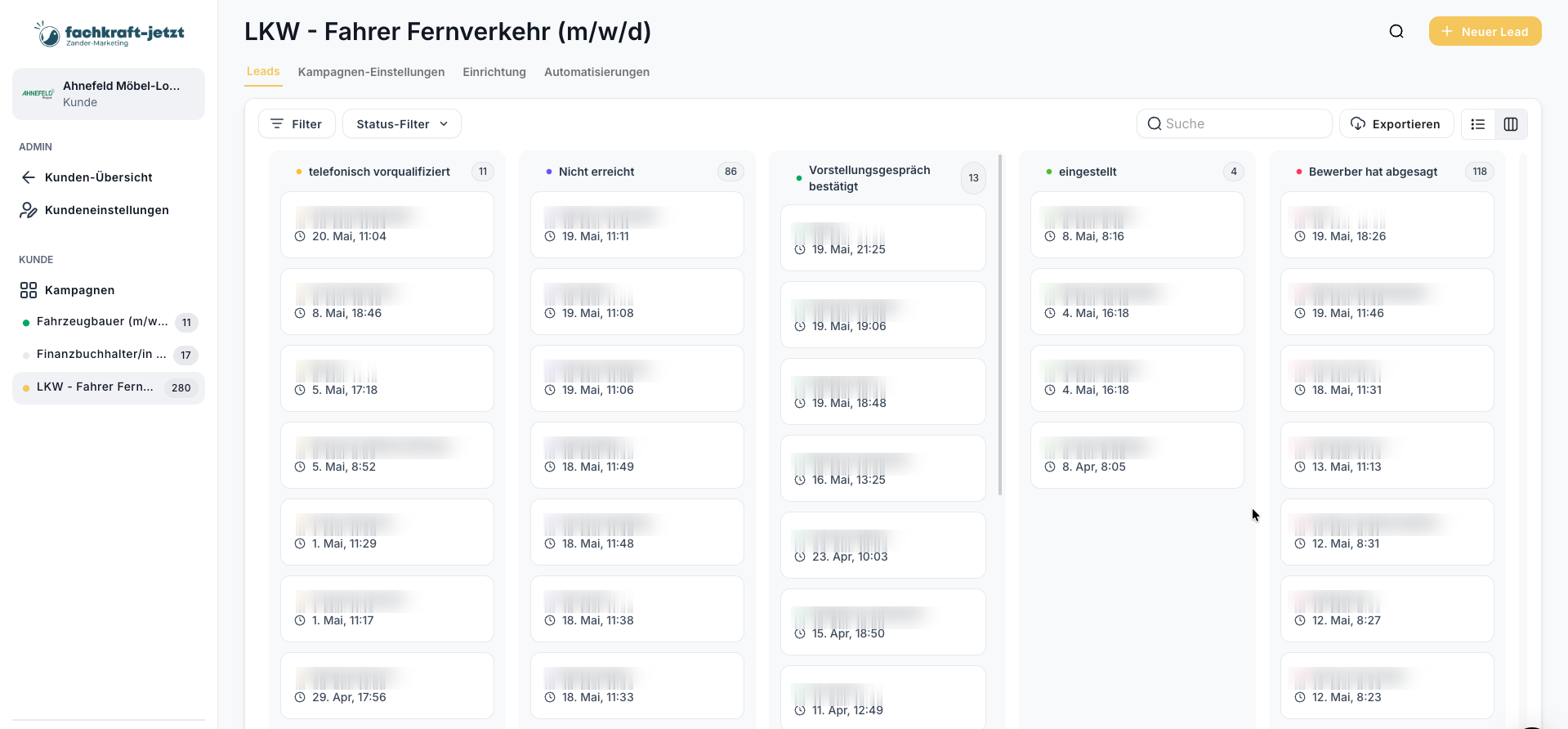 Auszug aus dem internen Lead-Tracking einer Ahnefeld-LKW-Fahrer-Kampagne mit 280 Leads, 4 Einstellungen, Spalten telefonisch vorqualifiziert / nicht erreicht / Vorstellungsgespräch bestätigt / eingestellt / Bewerber hat abgesagt