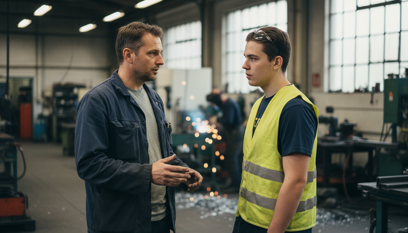 KMU-Inhaber im Gespräch mit jungem Lehrling in einer Metallwerkstatt
