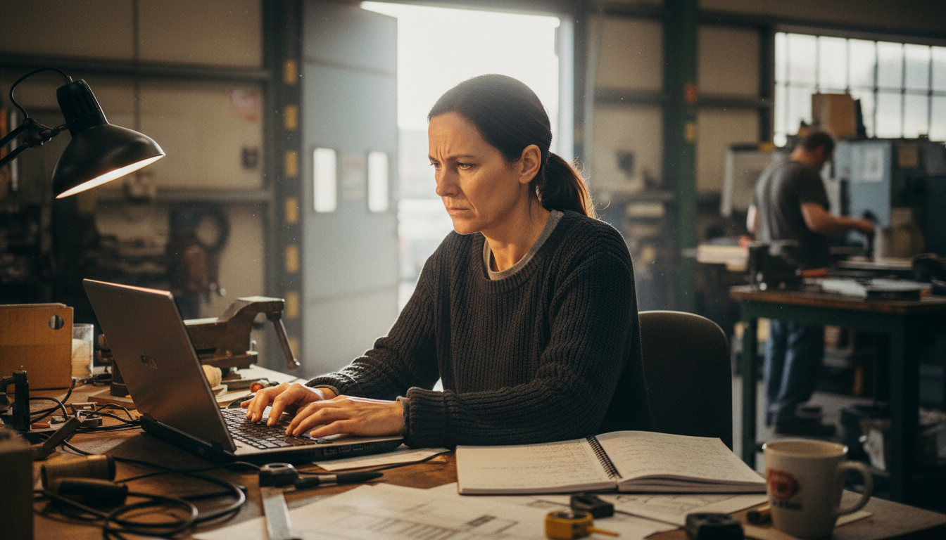 Werkstattleiterin am Schreibtisch im Büro einer Industriewerkstatt